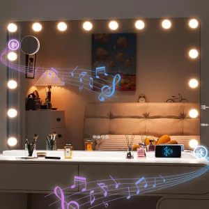 Hasipu LED Makeup Mirror with Bluetooth Speaker, 35" x 24" Makeup Mirror with Lights and Magnification, Hollywood Mirror with 3 Color Modes, LED Make up Mirror with USB & Type-C Charging