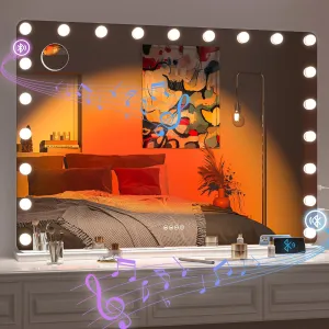Hasipu LED Makeup Mirror with Bluetooth Speaker, 41" x 30" Makeup Mirror with Lights and Magnification, Hollywood Mirror with 3 Color Modes, LED Make up Mirror with USB & Type-C Charging