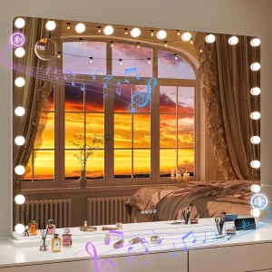 Hasipu LED Makeup Mirror with Bluetooth Speaker, 47" x 35" Makeup Mirror with Lights and Magnification, Hollywood Mirror with 3 Color Modes, LED Make up Mirror with USB & Type-C Charging