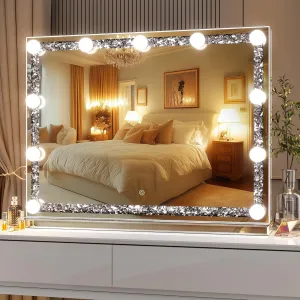 Hasipu Vanity Mirror with Lights and Crystal Diamond, 32" x 24" Hollywood Makeup Mirror with 11 Dimmable Bulbs, Decorative Mirror Smart Touch 3 Colors Dimmable (Right Angle White)
