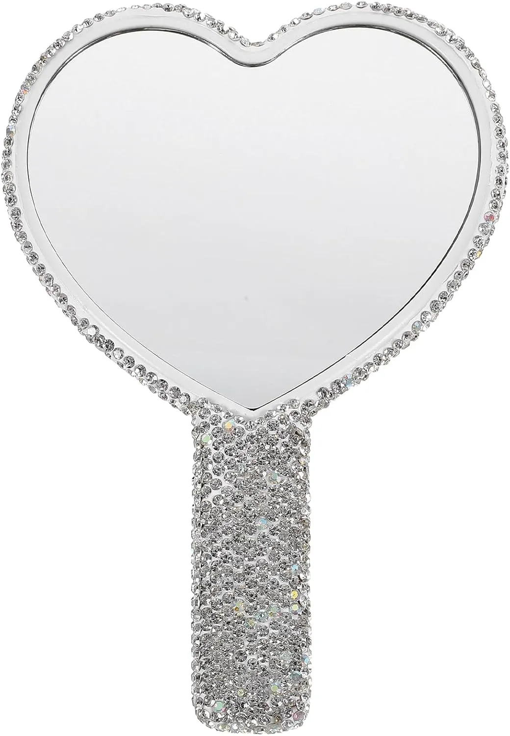 Heart Shaped Compact Makeup Mirror with Handle Rhinestone Handheld Purse Mirror for Women High Definition Clear Reflection Elegant Travel Accessory