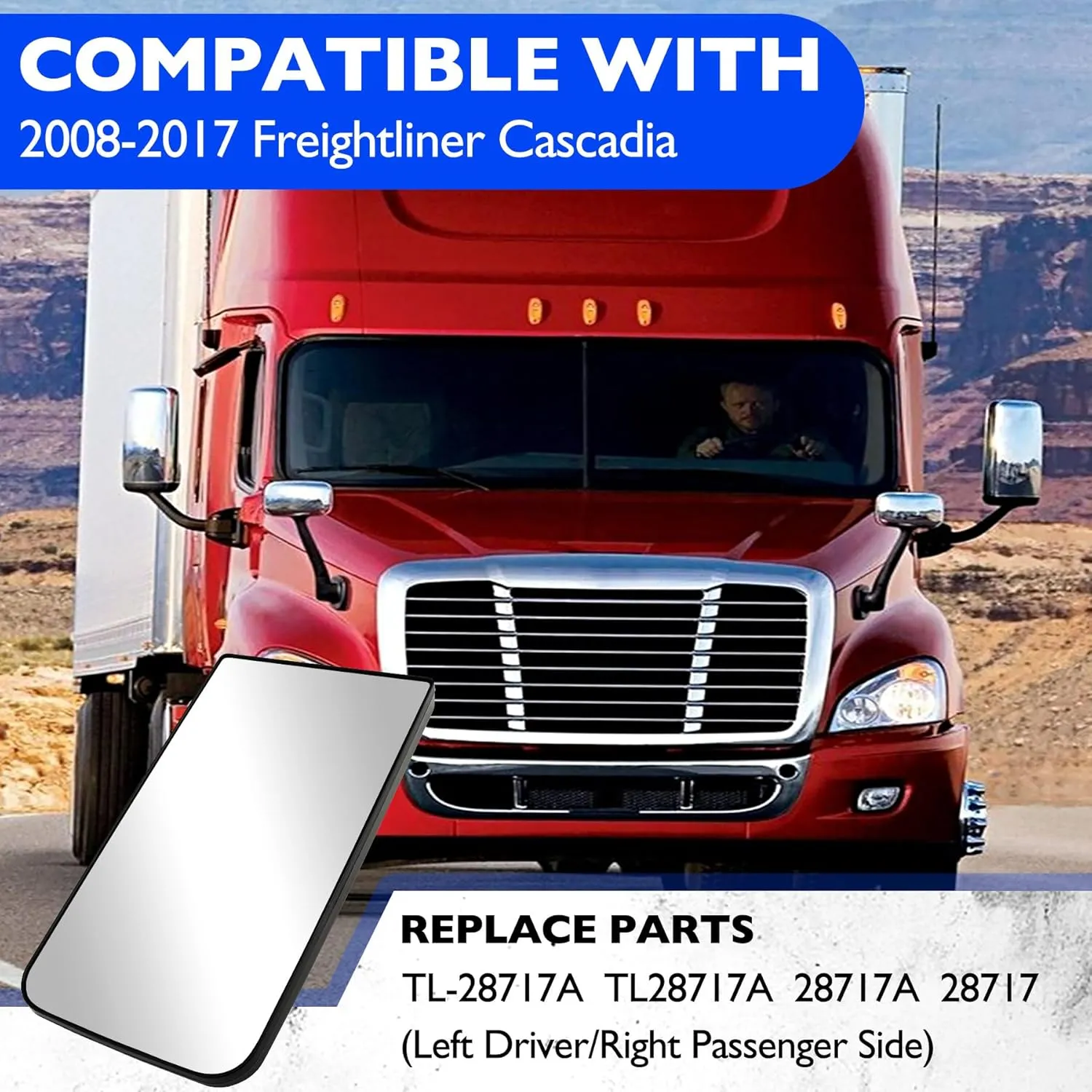 Heated Upper Flate Mirror Glass, Compatible with 2008-2017 Freightliner Cascadia, Replace TL-28716A Wide View Clear Vision High Reflective Flate Upper Rapid Heating Mirrors Glasses with Back Plate