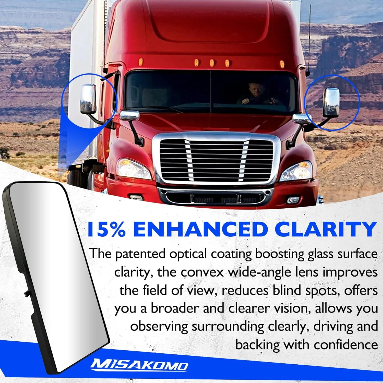 Heated Upper Flate Mirror Glass, Compatible with 2008-2017 Freightliner Cascadia, Replace TL-28716A Wide View Clear Vision High Reflective Flate Upper Rapid Heating Mirrors Glasses with Back Plate