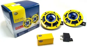 HELLA H31000001 Sharptone 12V High Tone / Low Tone Twin Horn Kit with Yellow Protective Grill, Includes Relay, 2 Horns