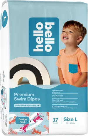 Hello Bello Premium Swim Diapers - Size L (32-40 lbs), Cute Extra-Bright Lobster Designs, 17 Count Jumbo Pack