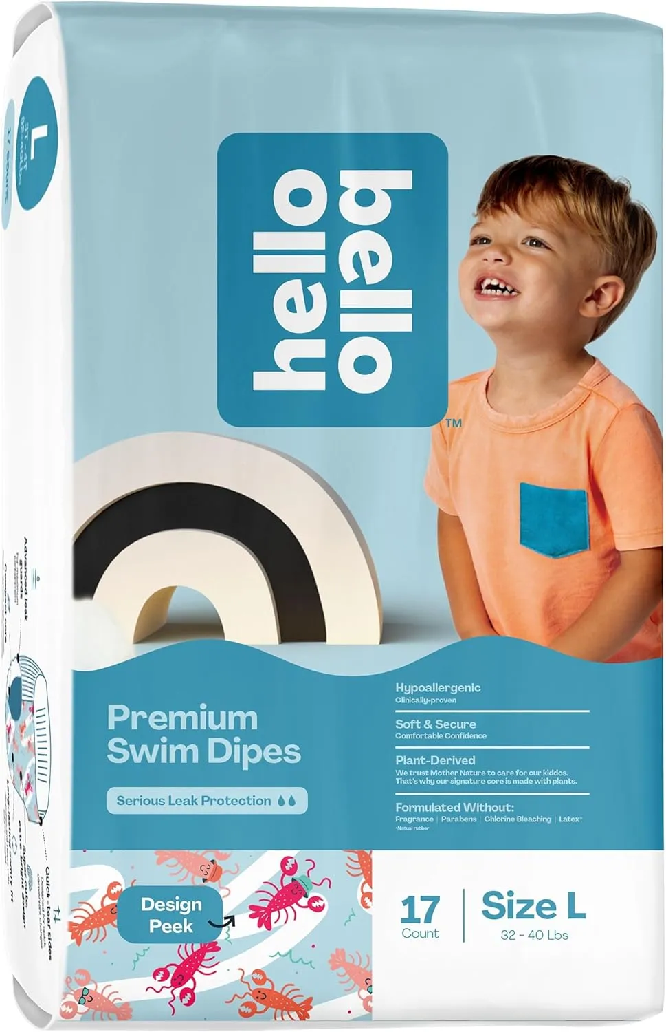Hello Bello Premium Swim Diapers - Size L (32-40 lbs), Cute Extra-Bright Lobster Designs, 17 Count Jumbo Pack