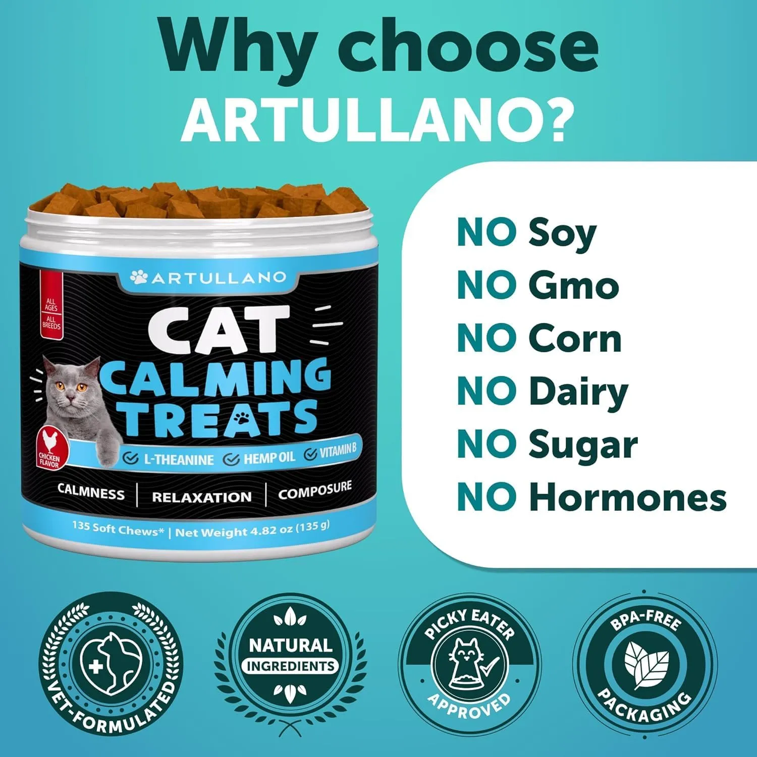 Hemp Cat Calming Treats for Stress & Anxiety Relief - Cat & Kittens - Melatonin - Storm Anxiety, Сomposure, Grooming, Separation, Veterinary Visits, Travel Care - Calming Aid with Hemp Oil - 135 Chews