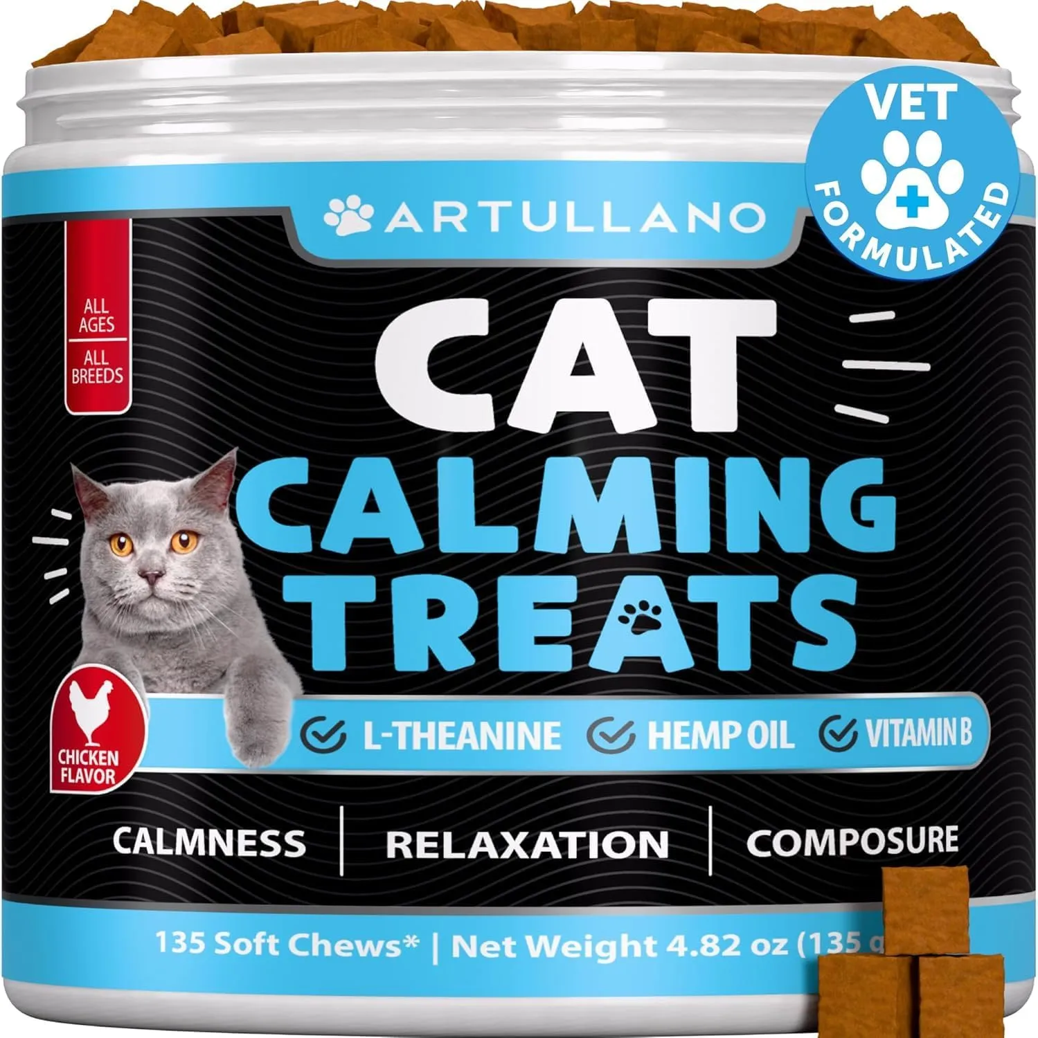 Hemp Cat Calming Treats for Stress & Anxiety Relief - Cat & Kittens - Melatonin - Storm Anxiety, Сomposure, Grooming, Separation, Veterinary Visits, Travel Care - Calming Aid with Hemp Oil - 135 Chews