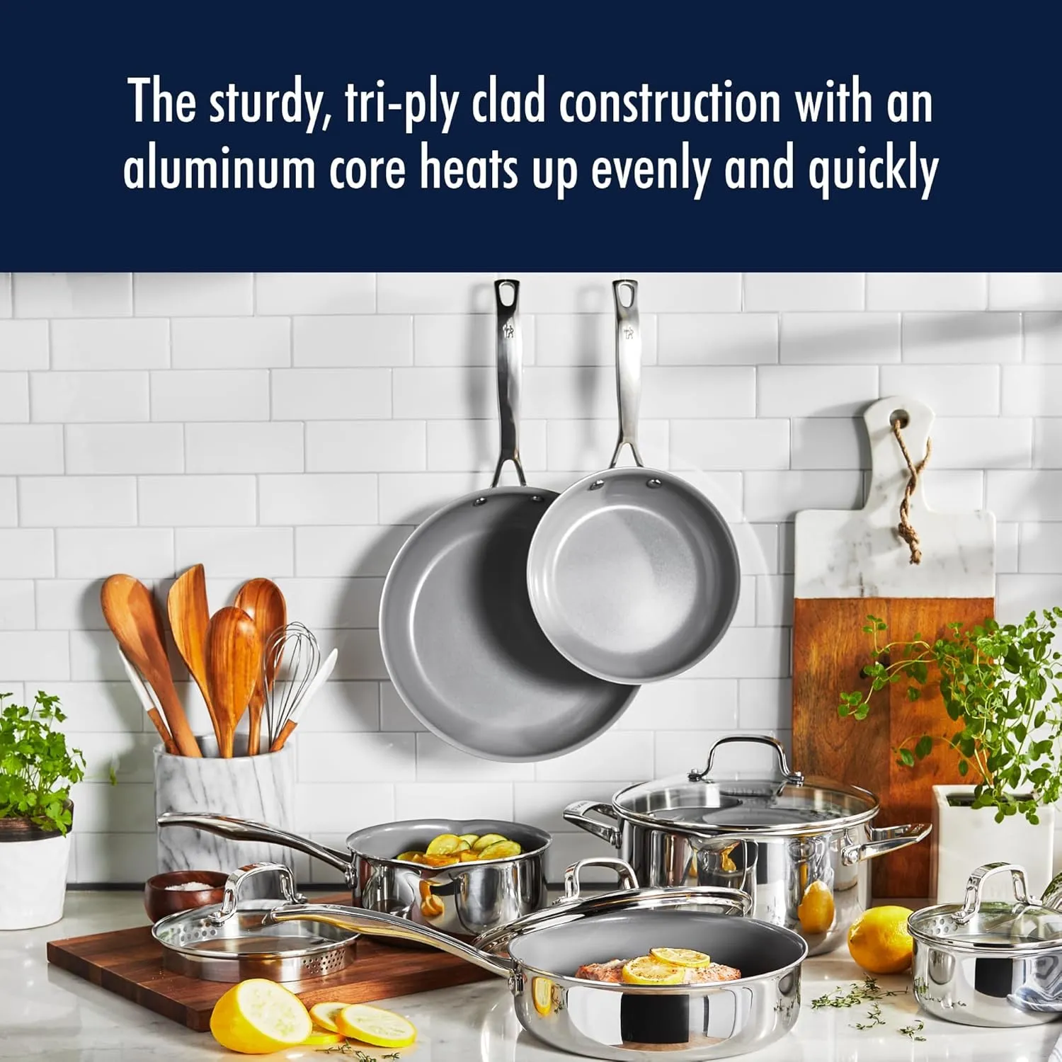 HENCKELS Clad H3 10-pc Induction Ceramic Nonstick Pot and Pan Set, Stainless Steel, Durable and Easy to clean