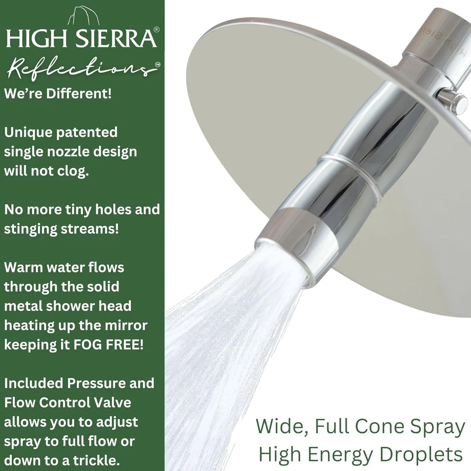 High Sierra Showerheads® - NEW Gen 3 'Reflections' All Metal High Efficiency Shower Head & Self-Heating Fogless Mirror - 1.8 GPM - Brushed Gold Finish