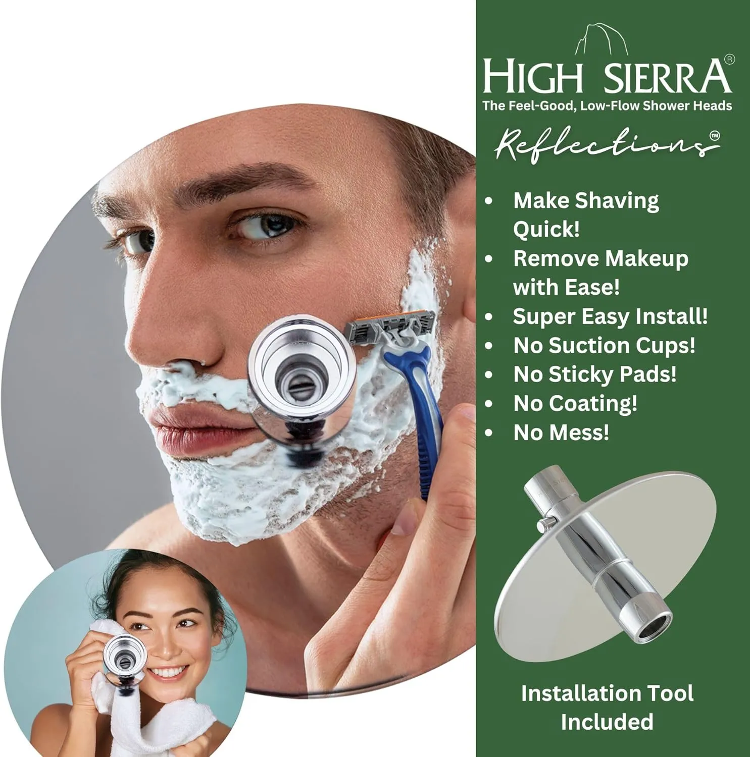 High Sierra Showerheads® - NEW Gen 3 'Reflections' All Metal High Efficiency Shower Head & Self-Heating Fogless Mirror - 1.8 GPM - Chrome Finish
