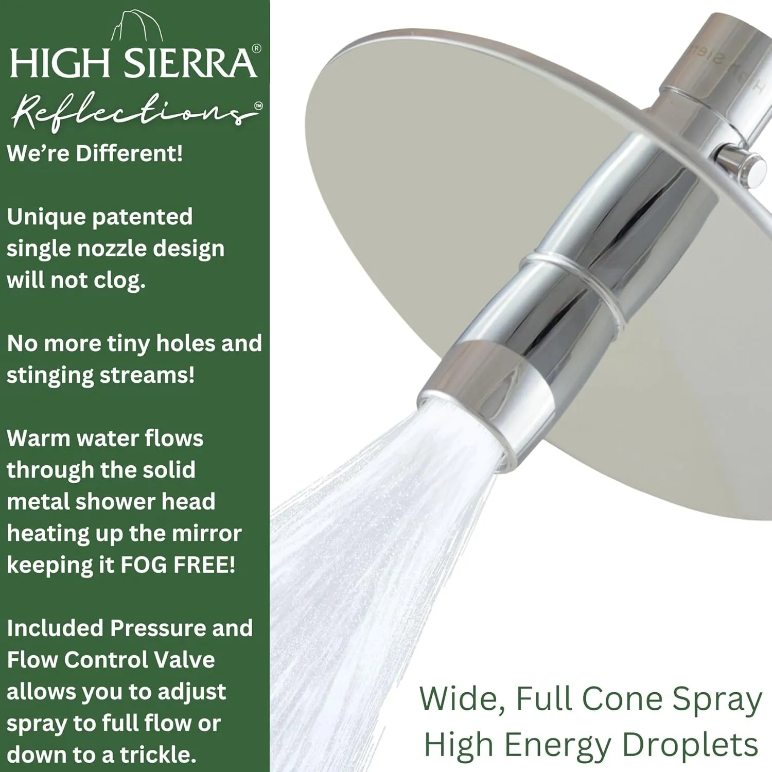 High Sierra Showerheads® - NEW Gen 3 'Reflections' All Metal High Efficiency Shower Head & Self-Heating Fogless Mirror - 1.8 GPM - Chrome Finish