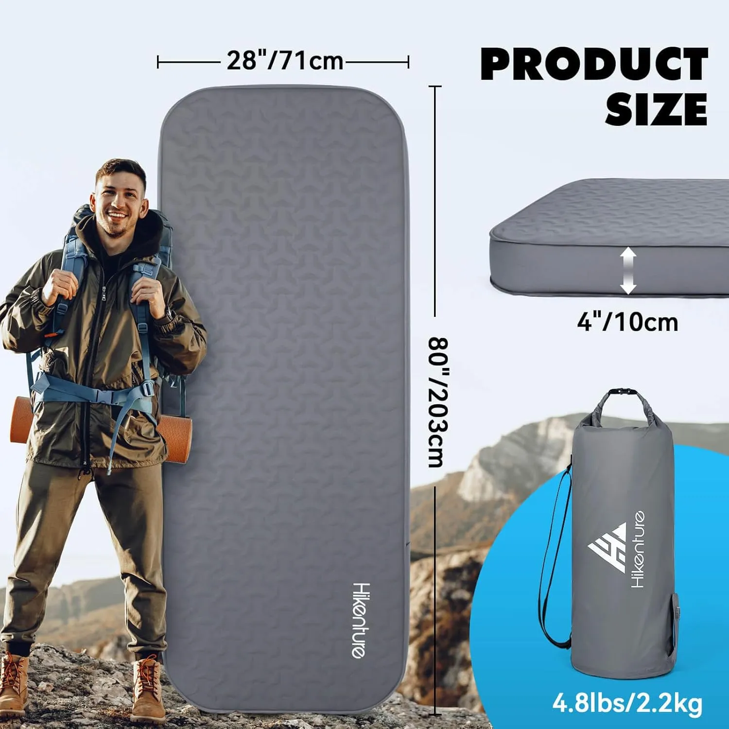 Hikenture 4" Thick Self Inflating Sleeping Pad, Foam & Air Camping Mattress, 9.5 R-Value Insulated Sleeping Mat, Portable All Season Camping Pad for Tent, Car, Cot, Truck