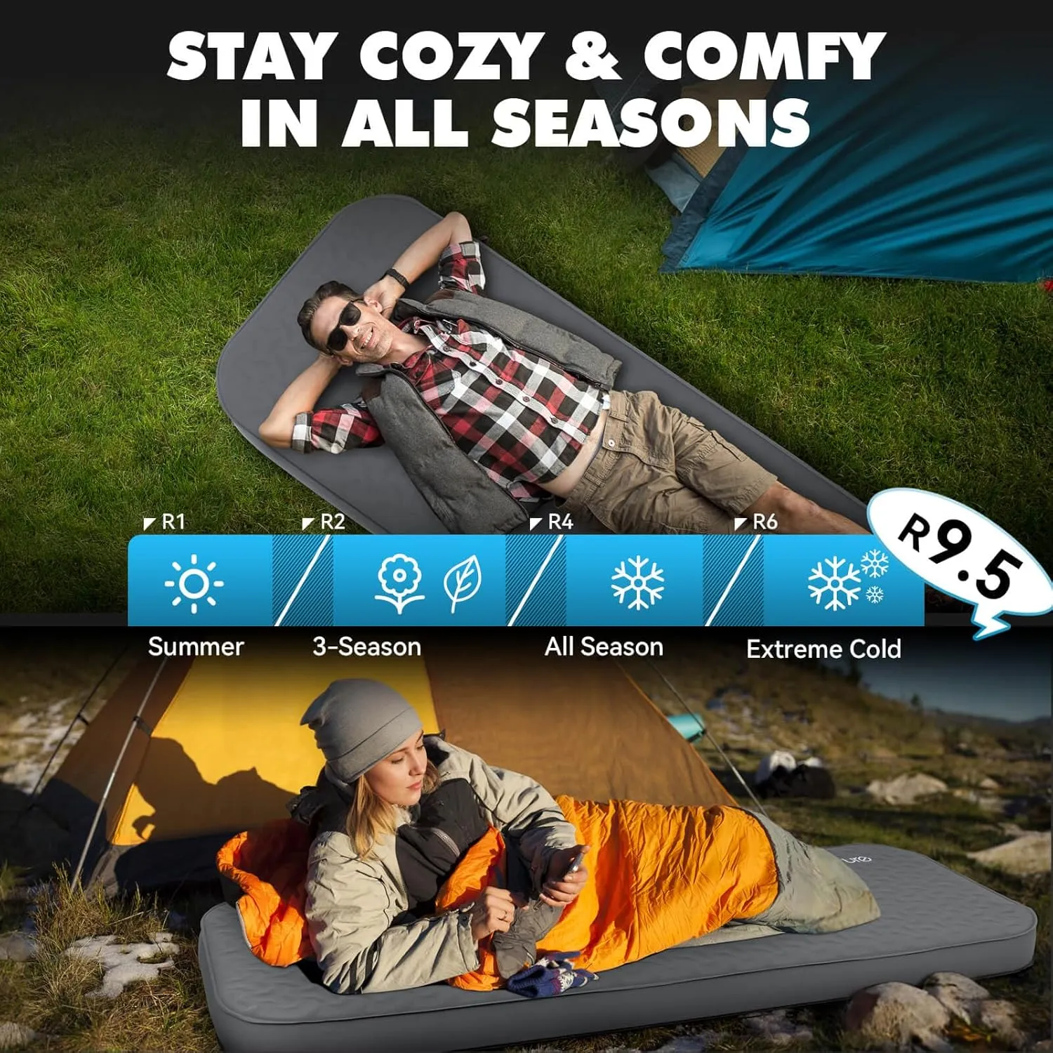 Hikenture 4" Thick Self Inflating Sleeping Pad, Foam & Air Camping Mattress, 9.5 R-Value Insulated Sleeping Mat, Portable All Season Camping Pad for Tent, Car, Cot, Truck