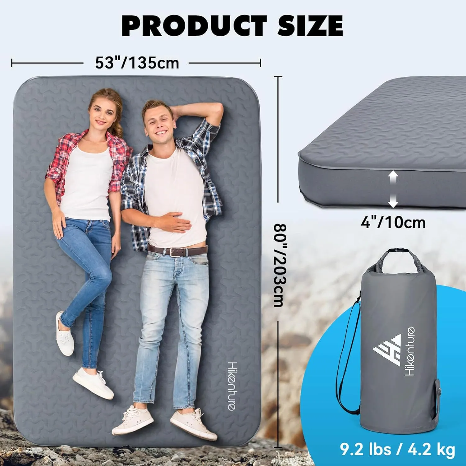 Hikenture 4" Thick Self Inflating Sleeping Pad with Electric Pump, Foam & Air Camping Mattress 2 Person, 9.5 R-Value Insulated Sleeping Mat, Portable Double Camping Pad for Tent, Car, Truck