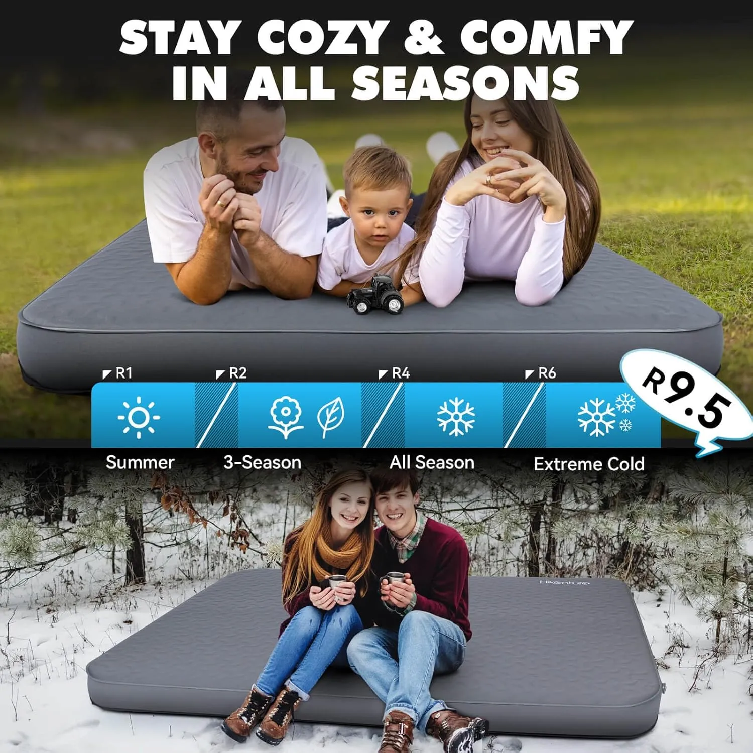 Hikenture 4" Thick Self Inflating Sleeping Pad with Electric Pump, Foam & Air Camping Mattress 2 Person, 9.5 R-Value Insulated Sleeping Mat, Portable Double Camping Pad for Tent, Car, Truck