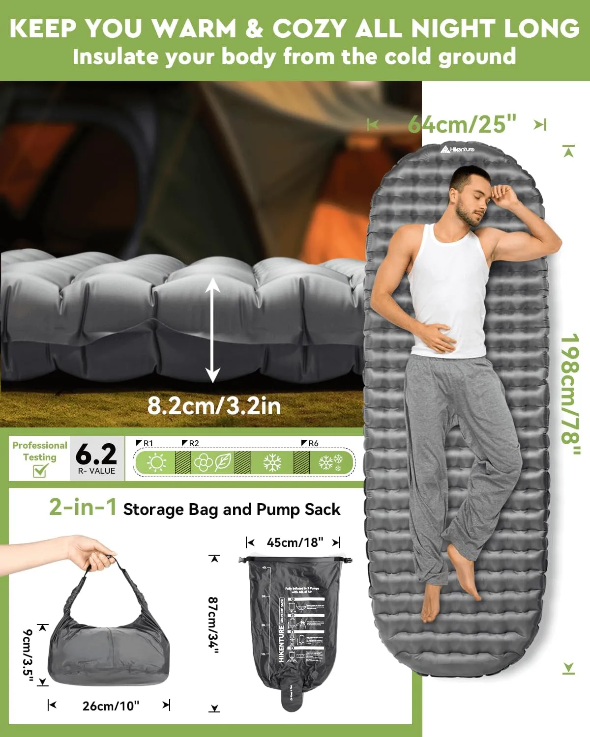 Hikenture Camping Sleeping Pad with 6.2 R-Value, Ultralight Camping Mattress for All Season, Inflatable & Insulated Sleeping Mat for Backpacking,Hiking, Outdoor(1201-B1)