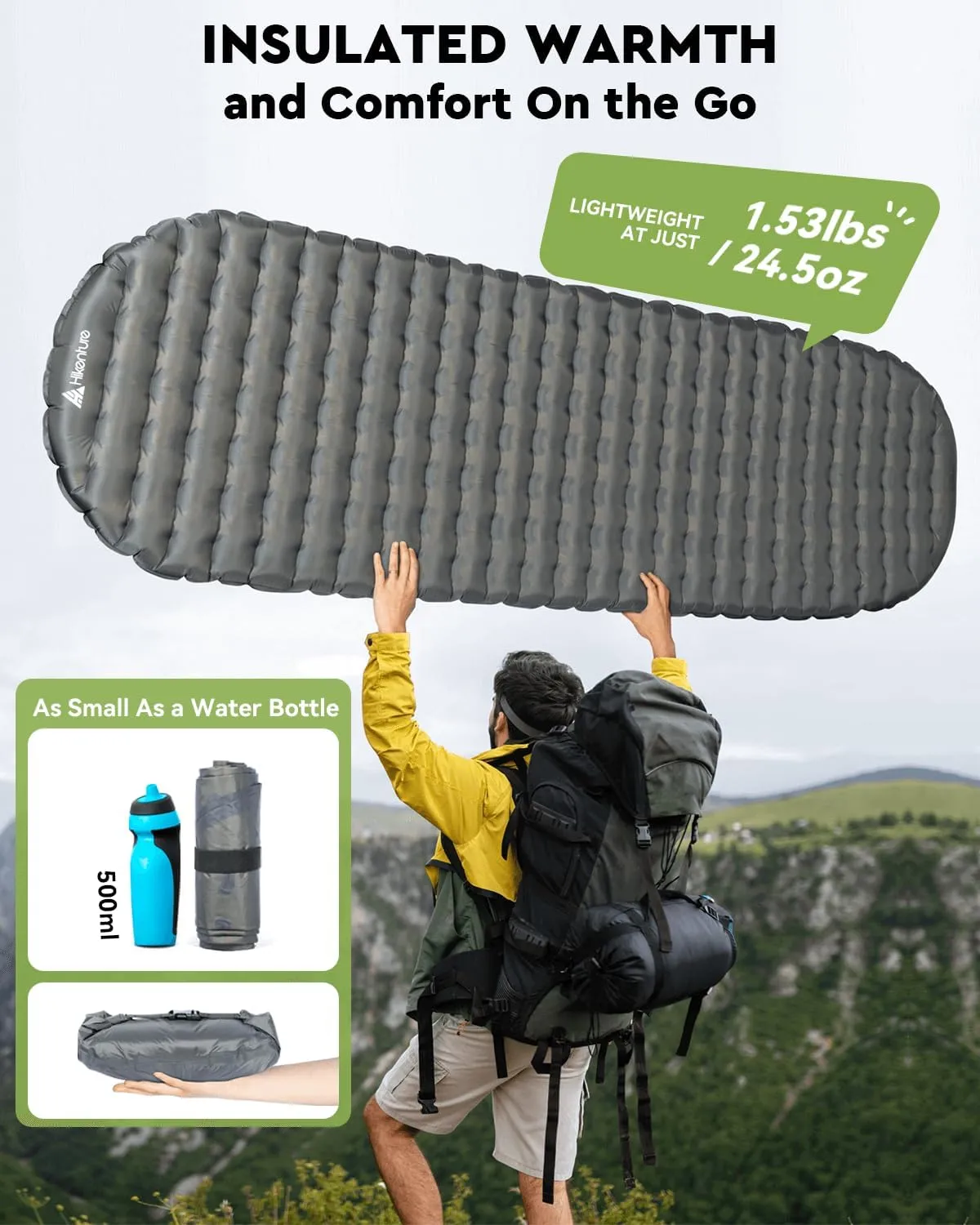 Hikenture Camping Sleeping Pad with 6.2 R-Value, Ultralight Camping Mattress for All Season, Inflatable & Insulated Sleeping Mat for Backpacking,Hiking, Outdoor(1201-B1)