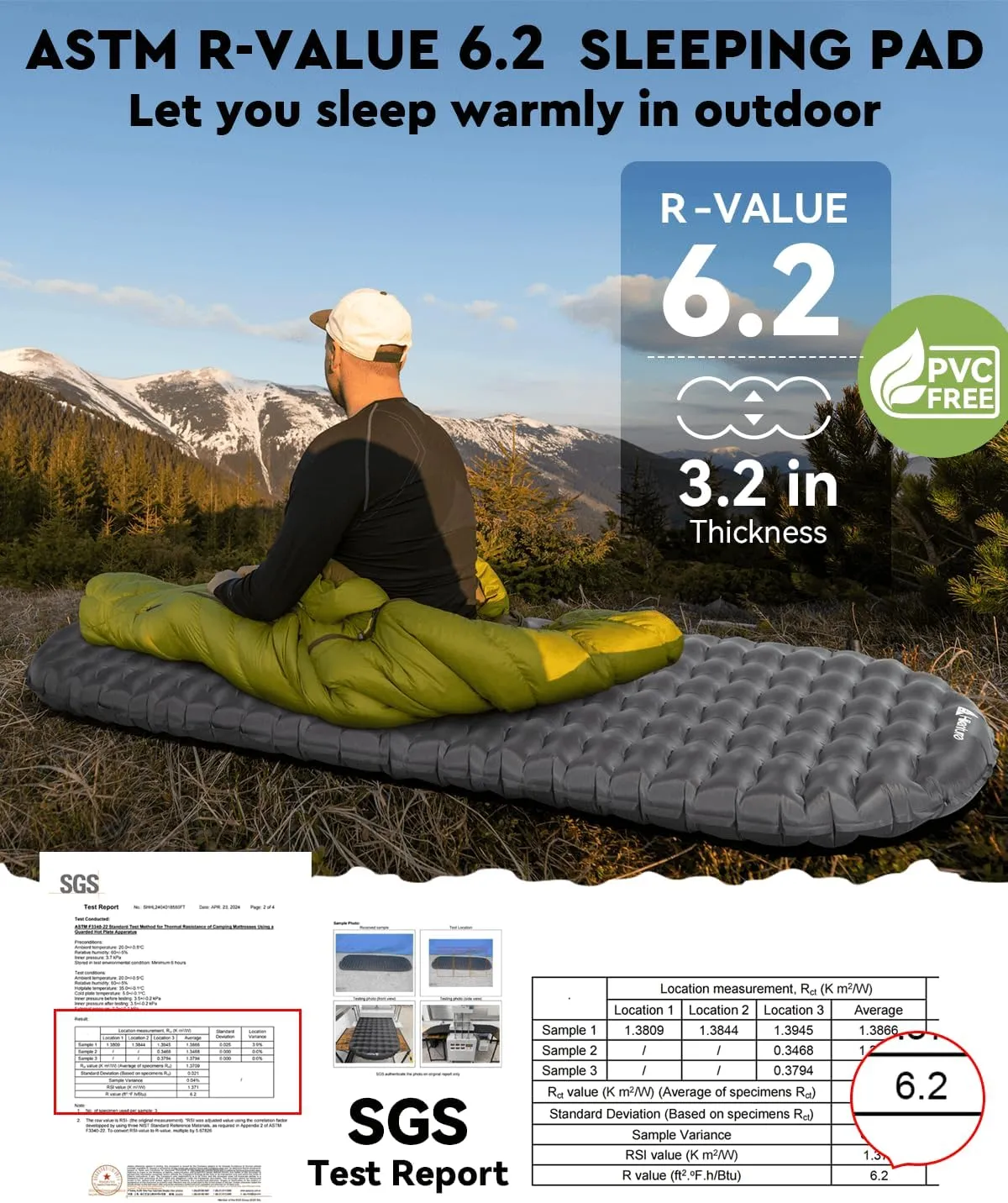 Hikenture Camping Sleeping Pad with 6.2 R-Value, Ultralight Camping Mattress for All Season, Inflatable & Insulated Sleeping Mat for Backpacking,Hiking, Outdoor(1201-B1)