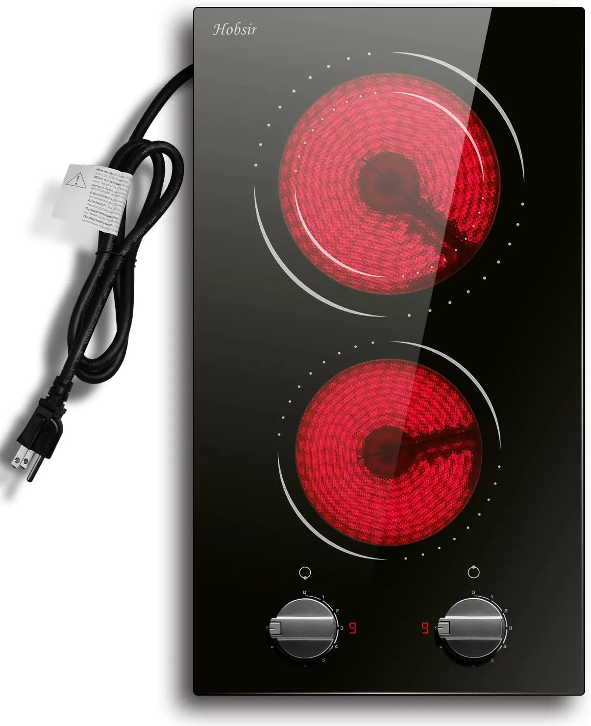 Hobsir 2 Burner Electric Cooktop, 110v Electric Stove Top Burner 12 inch Knob Control Countertop & Built-in Radiant Electrics Stove with Residual Heat Indicator, Over-Temperature Protection