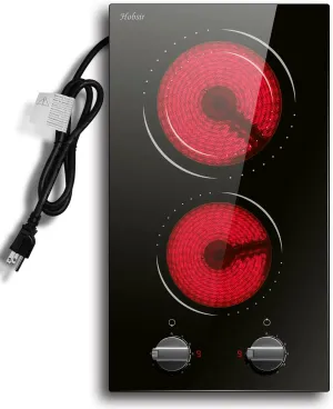 Hobsir 2 Burner Electric Cooktop, 110v Electric Stove Top Burner 12 inch Knob Control Countertop & Built-in Radiant Electrics Stove with Residual Heat Indicator, Over-Temperature Protection