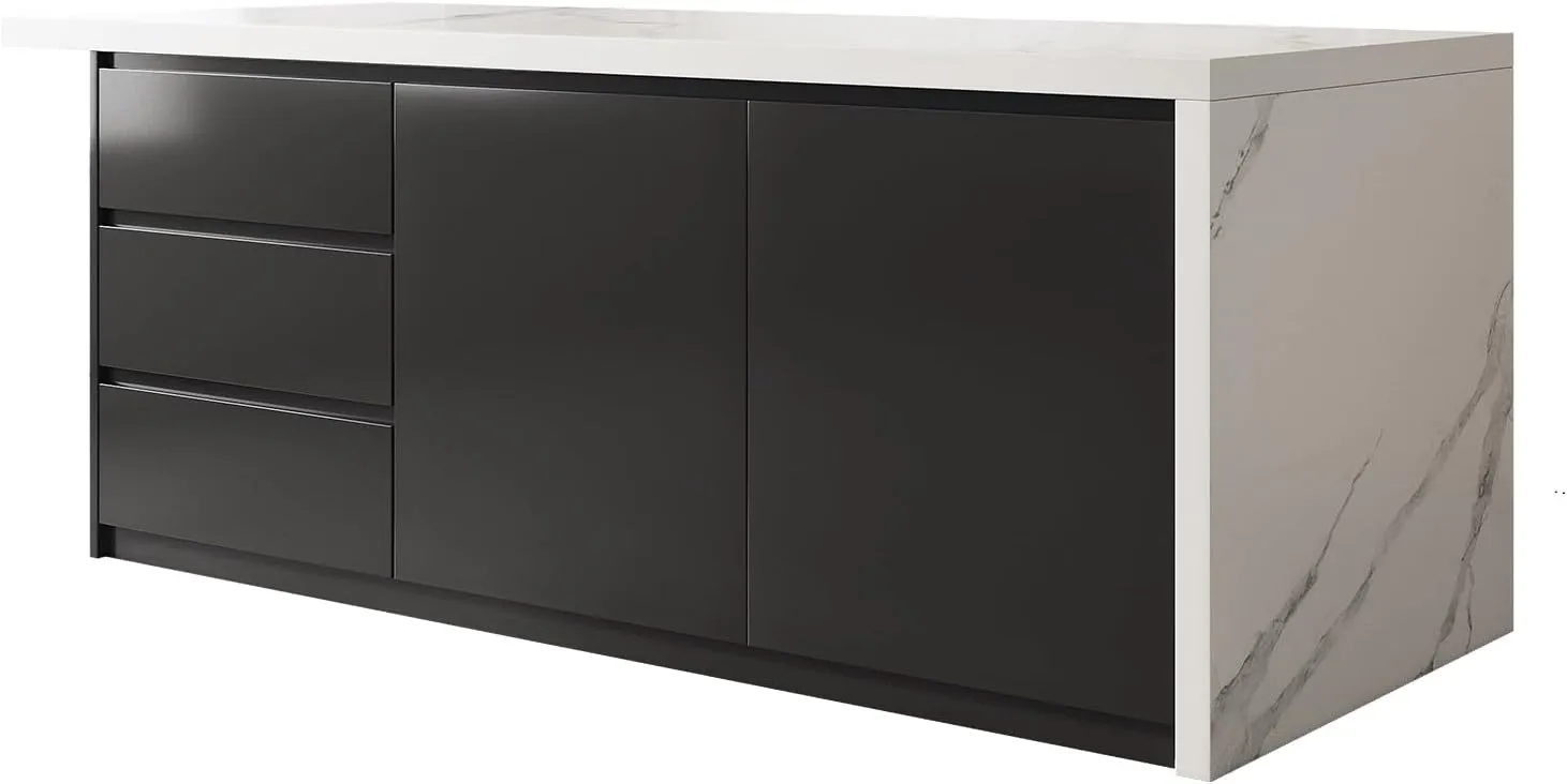 homary 72" Modern Kitchen Island with Storage & Seating White & Black Island Table for Kitchen with Drawers & Cabinet