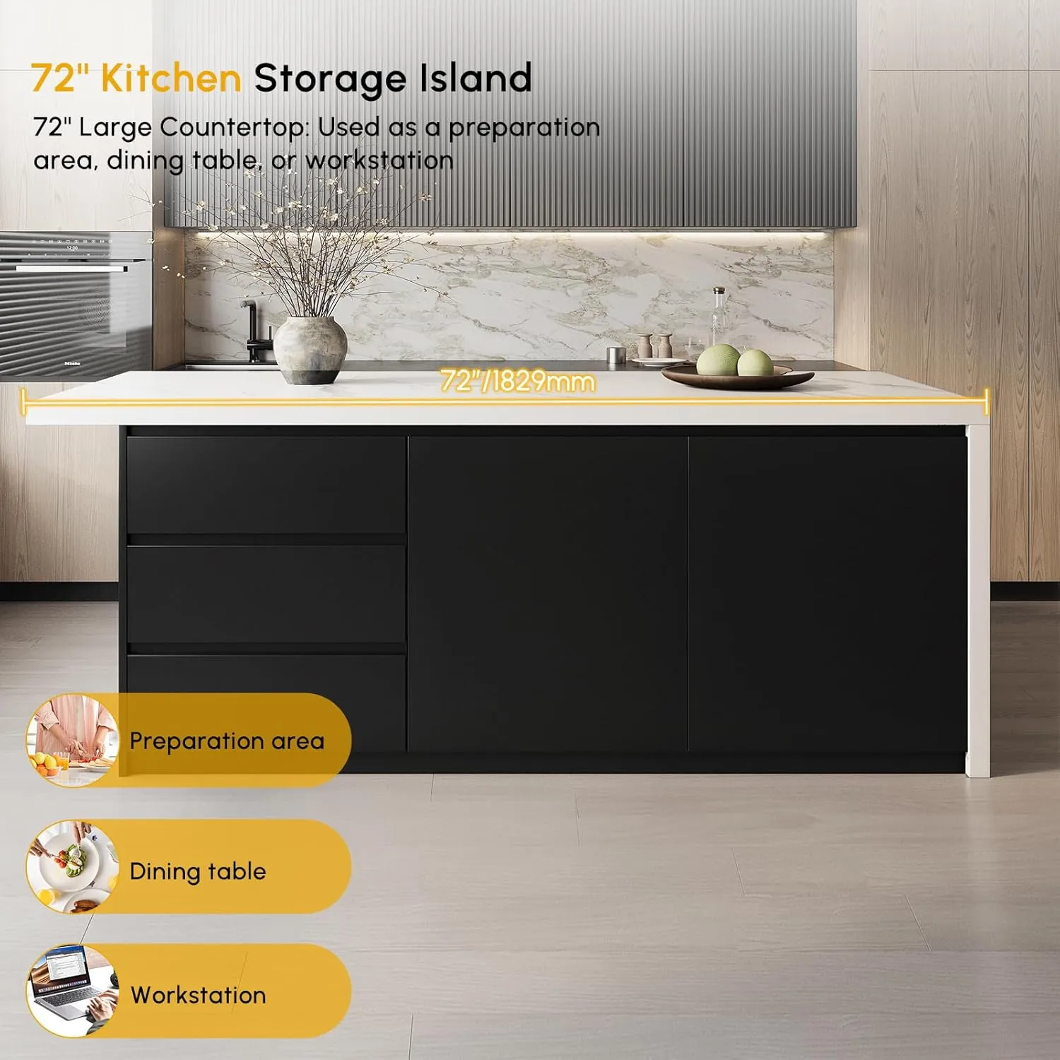 homary 72" Modern Kitchen Island with Storage & Seating White & Black Island Table for Kitchen with Drawers & Cabinet