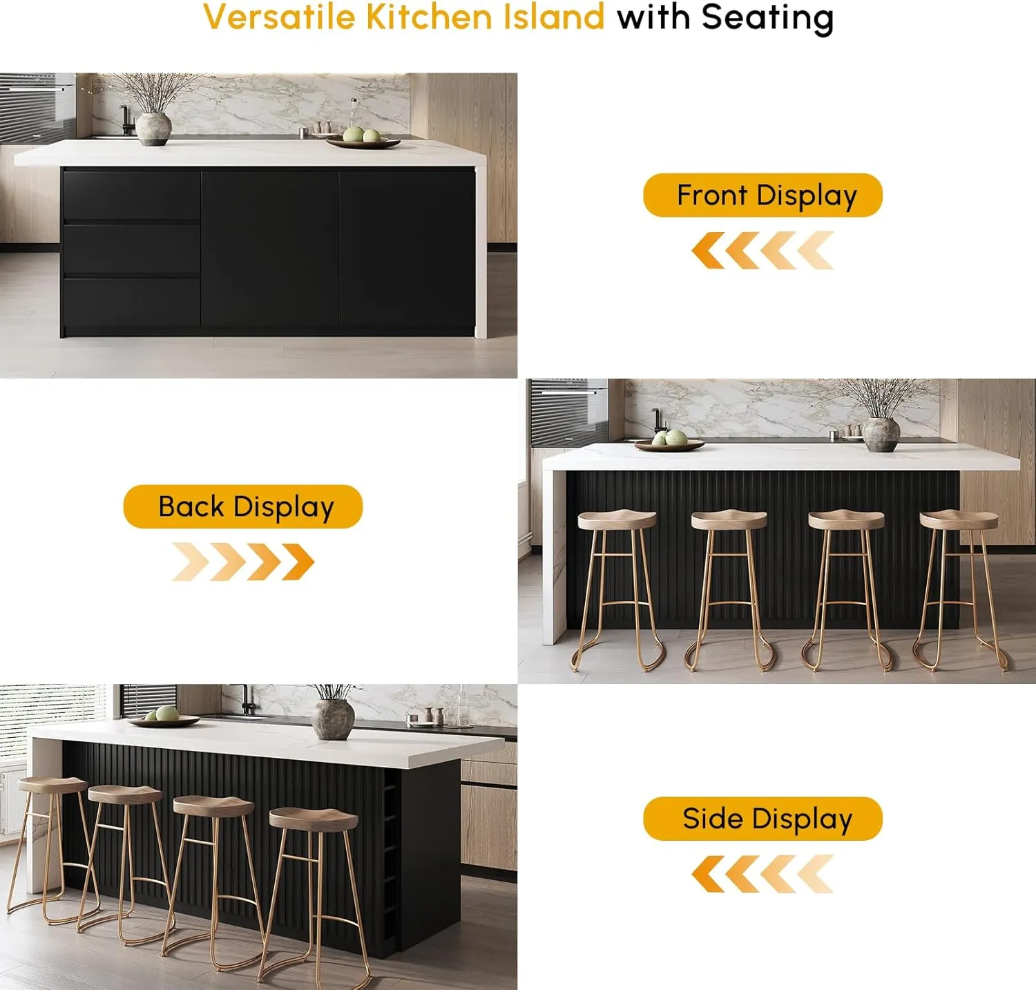 homary 72" Modern Kitchen Island with Storage & Seating White & Black Island Table for Kitchen with Drawers & Cabinet