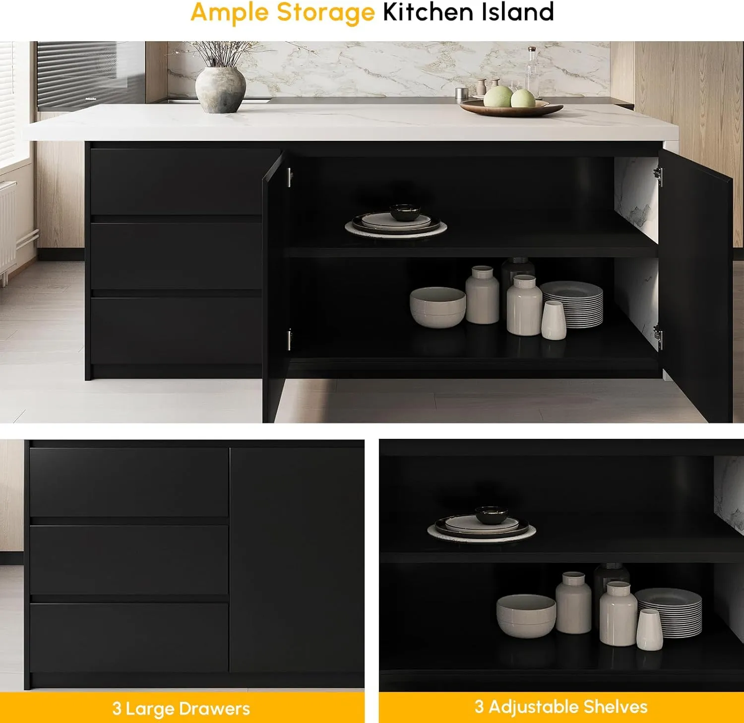 homary 72" Modern Kitchen Island with Storage & Seating White & Black Island Table for Kitchen with Drawers & Cabinet