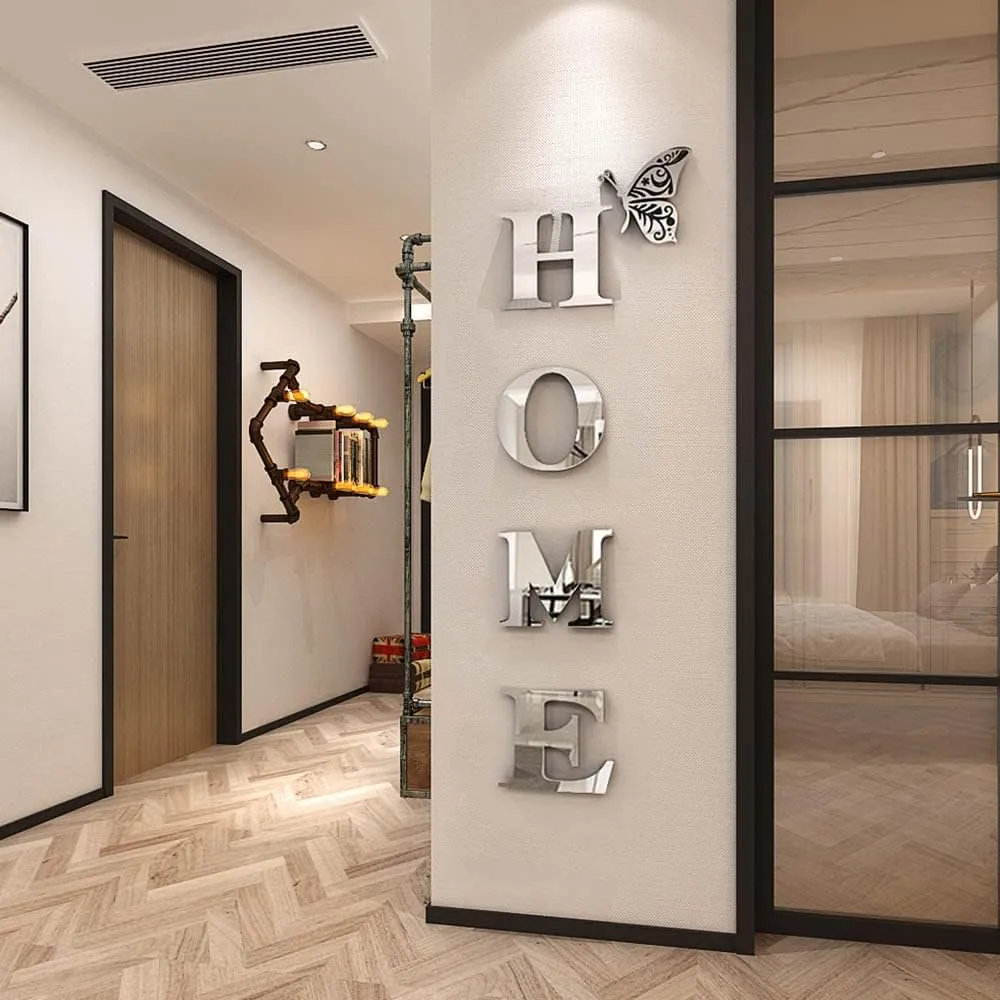 Home Letter Signs Acrylic Mirror Wall Stickers Decorations for Living Room Bedroom Decor Decals (Silver, 47.2 X 15.3IN)