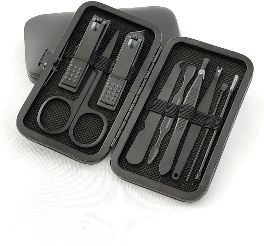 Home Manicure Ear Spoon 7 Piece Set Stainless Steel Professional Personal Care Tools Nail Clippers Set Nail Scissors Grooming Kit Nail Care Tools(Black)