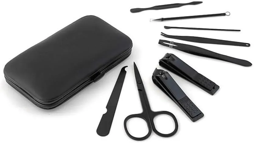 Home Manicure Ear Spoon 7 Piece Set Stainless Steel Professional Personal Care Tools Nail Clippers Set Nail Scissors Grooming Kit Nail Care Tools(Black)