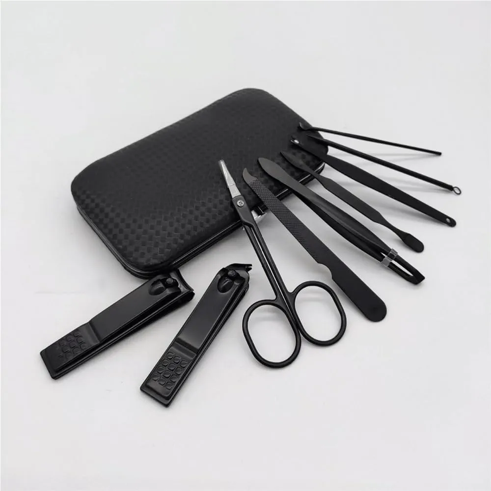 Home Manicure Ear Spoon 7 Piece Set Stainless Steel Professional Personal Care Tools Nail Clippers Set Nail Scissors Grooming Kit Nail Care Tools(Black)