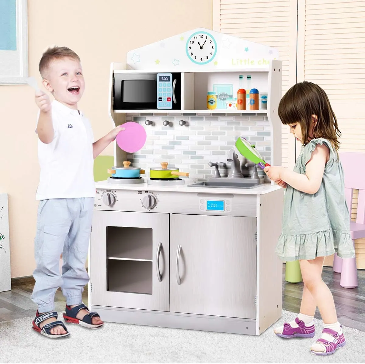 HONEY JOY Kids Kitchen Playset, Pretend Play Kitchen for Toddlers, Removable Sink & Faucet, Microwave, Cookware, Storage Cabinet, Wooden Little Chef Toy Kitchen Set, Gift for Boys Girls 3 , Gray