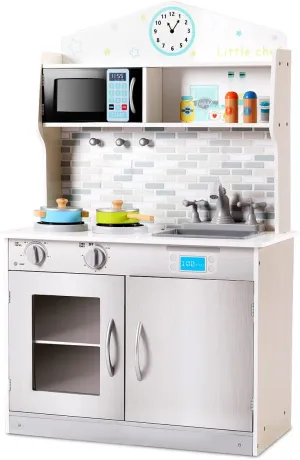 HONEY JOY Kids Kitchen Playset, Pretend Play Kitchen for Toddlers, Removable Sink & Faucet, Microwave, Cookware, Storage Cabinet, Wooden Little Chef Toy Kitchen Set, Gift for Boys Girls 3 , Gray