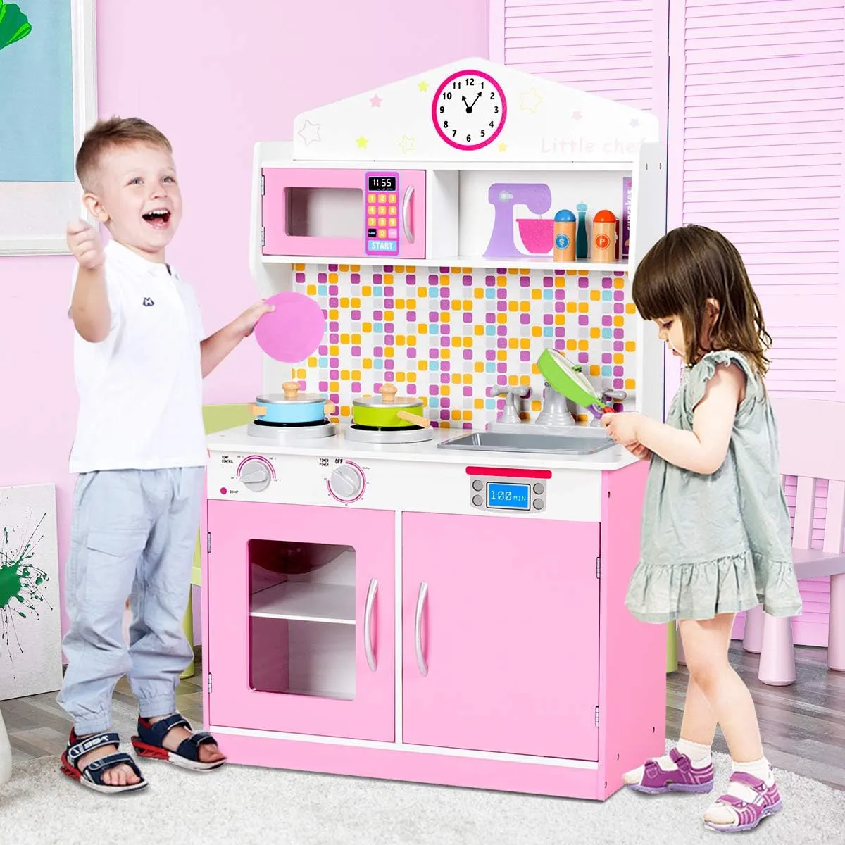 HONEY JOY Pink Kids Kitchen Playset, Pretend Play Kitchen for Toddlers, Removable Sink & Faucet, Microwave, Cookware, Storage Cabinet, Wooden Little Chef Toy Kitchen Set, Gift for Boys Girls 3 , Pink