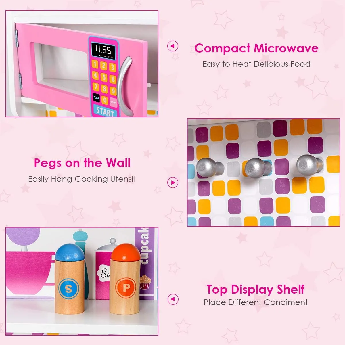 HONEY JOY Pink Kids Kitchen Playset, Pretend Play Kitchen for Toddlers, Removable Sink & Faucet, Microwave, Cookware, Storage Cabinet, Wooden Little Chef Toy Kitchen Set, Gift for Boys Girls 3 , Pink