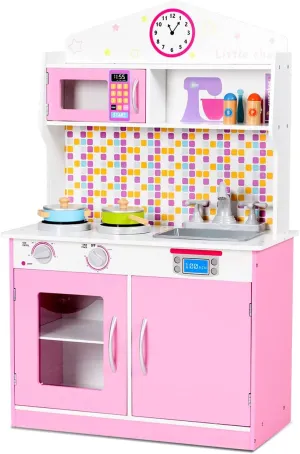 HONEY JOY Pink Kids Kitchen Playset, Pretend Play Kitchen for Toddlers, Removable Sink & Faucet, Microwave, Cookware, Storage Cabinet, Wooden Little Chef Toy Kitchen Set, Gift for Boys Girls 3 , Pink