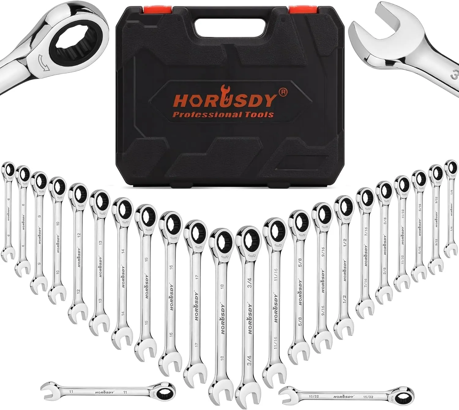 HORUSDY 24-Piece Ratcheting Wrench Set | Metric and SAE | Ratchet Combination Wrenches Set with Organizer | 72-Teeth | Chrome Vanadium Steel | 6-18 mm & 1/4” to 3/4“