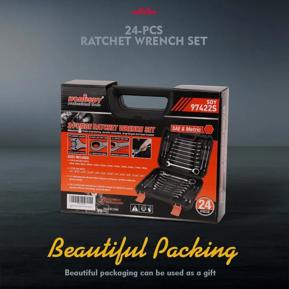 HORUSDY 24-Piece Ratcheting Wrench Set | Metric and SAE | Ratchet Combination Wrenches Set with Organizer | 72-Teeth | Chrome Vanadium Steel | 6-18 mm & 1/4” to 3/4“