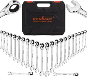 HORUSDY 24-Piece Ratcheting Wrench Set | Metric and SAE | Ratchet Combination Wrenches Set with Organizer | 72-Teeth | Chrome Vanadium Steel | 6-18 mm & 1/4” to 3/4“