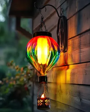 Hot Air Balloon Solar Lantern Outdoor Waterproof with Flickering Flame Gifts for Women Grandma Mom Glass Hanging Solar Lights Decorative for Outside Wall Front Porch Yard Garden Fence