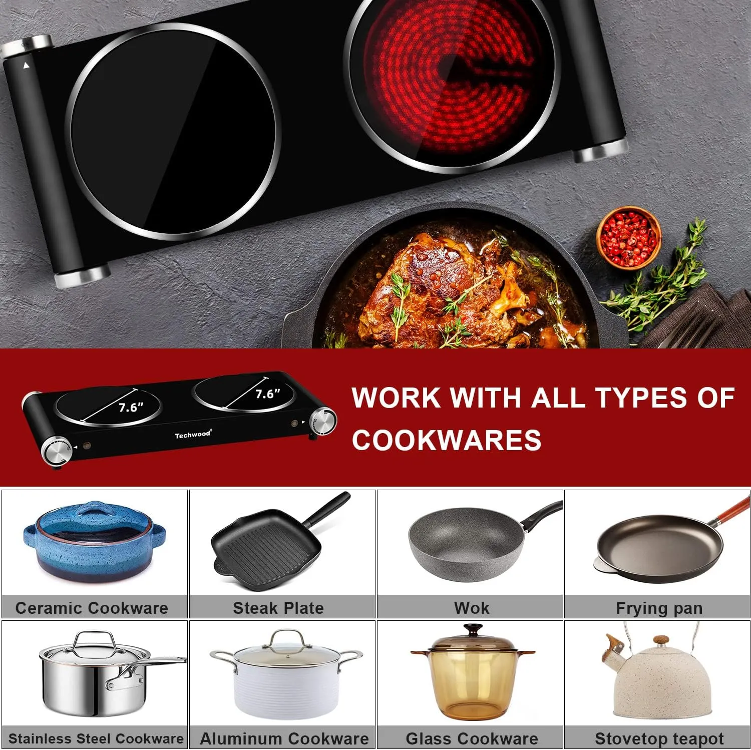 Hot Plate, Techwood 1800W Dual Electric Stove, Countertop Stove Double Burner for Cooking, Infrared Ceramic Hot Plates Double Cooktop, Brushed Stainless Steel Easy to Clean Upgraded Version, Black