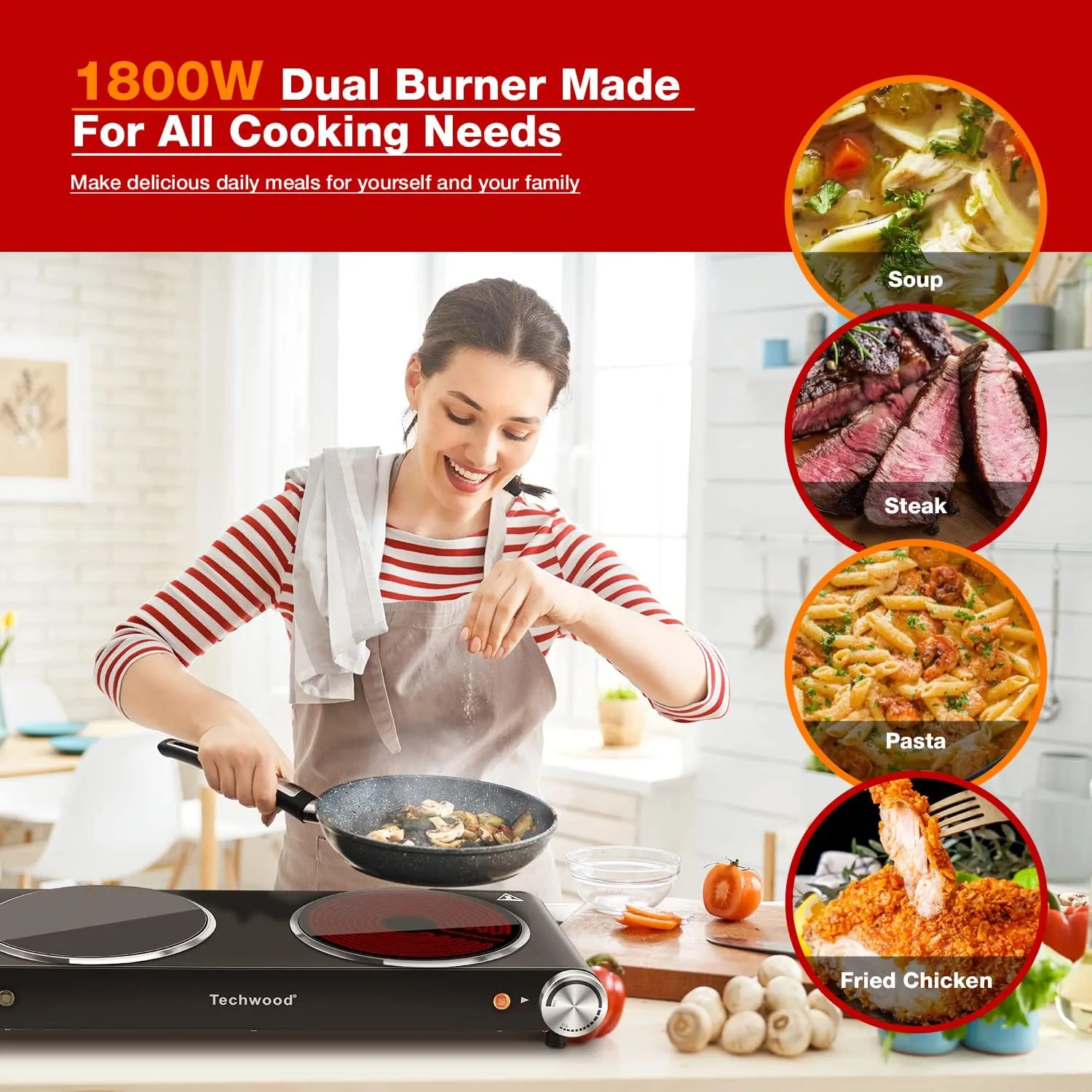 Hot Plate, Techwood 1800W Dual Electric Stove, Countertop Stove Double Burner for Cooking, Infrared Ceramic Hot Plates Double Cooktop, Brushed Stainless Steel Easy to Clean Upgraded Version, Black