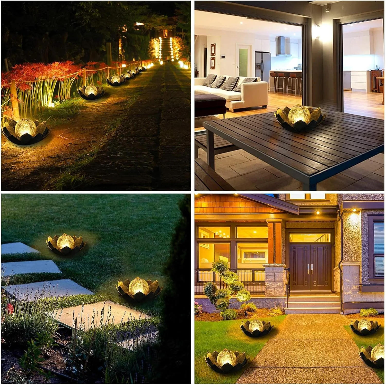 Huaxu Solar Lights Outdoor Garden, Crackle Globe Glass Lotus Decor, Waterproof LED Metal Flower Decorations for Patio,Lawn,Walkway,Tabletop,Ground