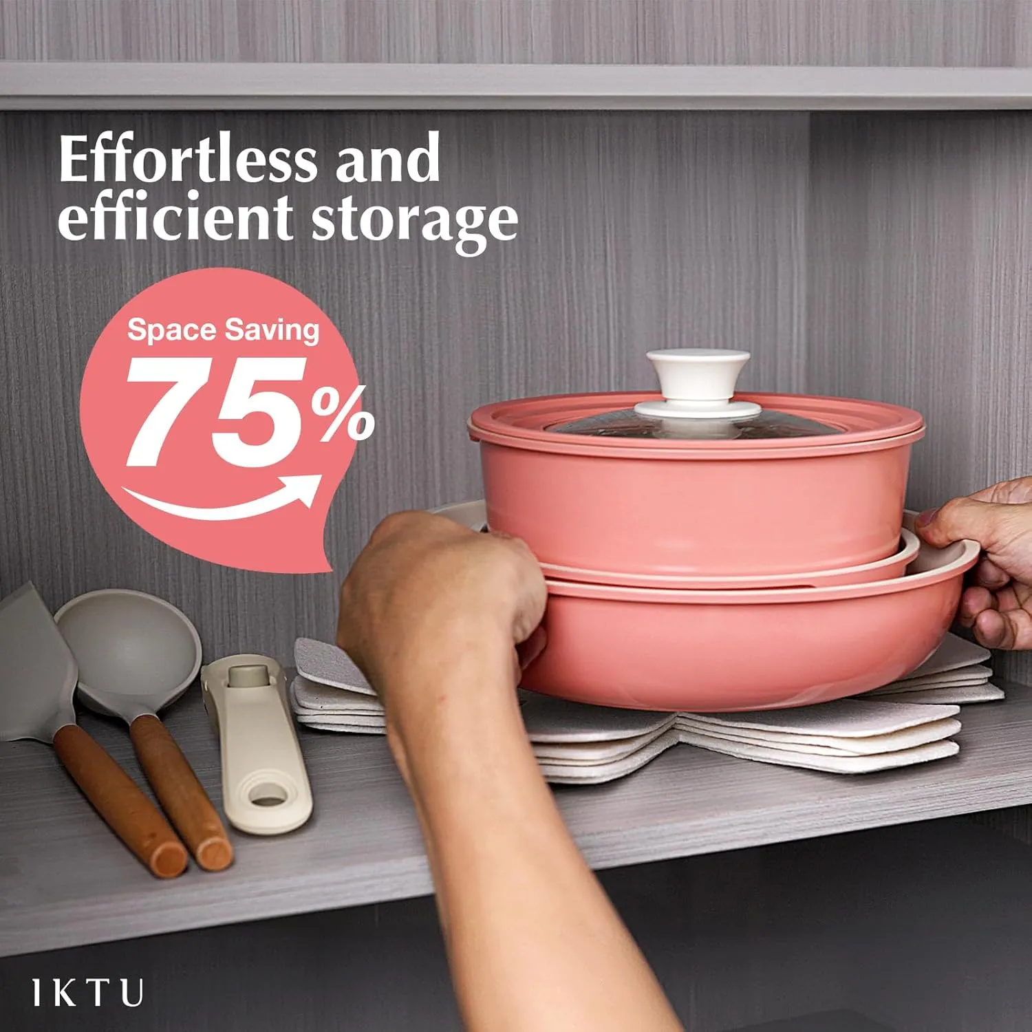IKTU Ceramic Pots and Pans Set Non Stick Pink, 19 Pcs Nonstick Cookware Set with Detachable Handle RV Camping Induction Kitchen Cookware Set Non Stick, PFAS PFOA & PTFE Free