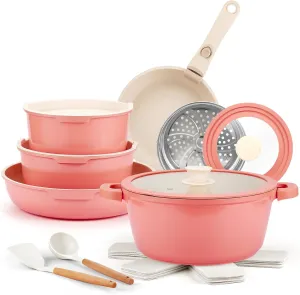 IKTU Ceramic Pots and Pans Set Non Stick Pink, 19 Pcs Nonstick Cookware Set with Detachable Handle RV Camping Induction Kitchen Cookware Set Non Stick, PFAS PFOA & PTFE Free