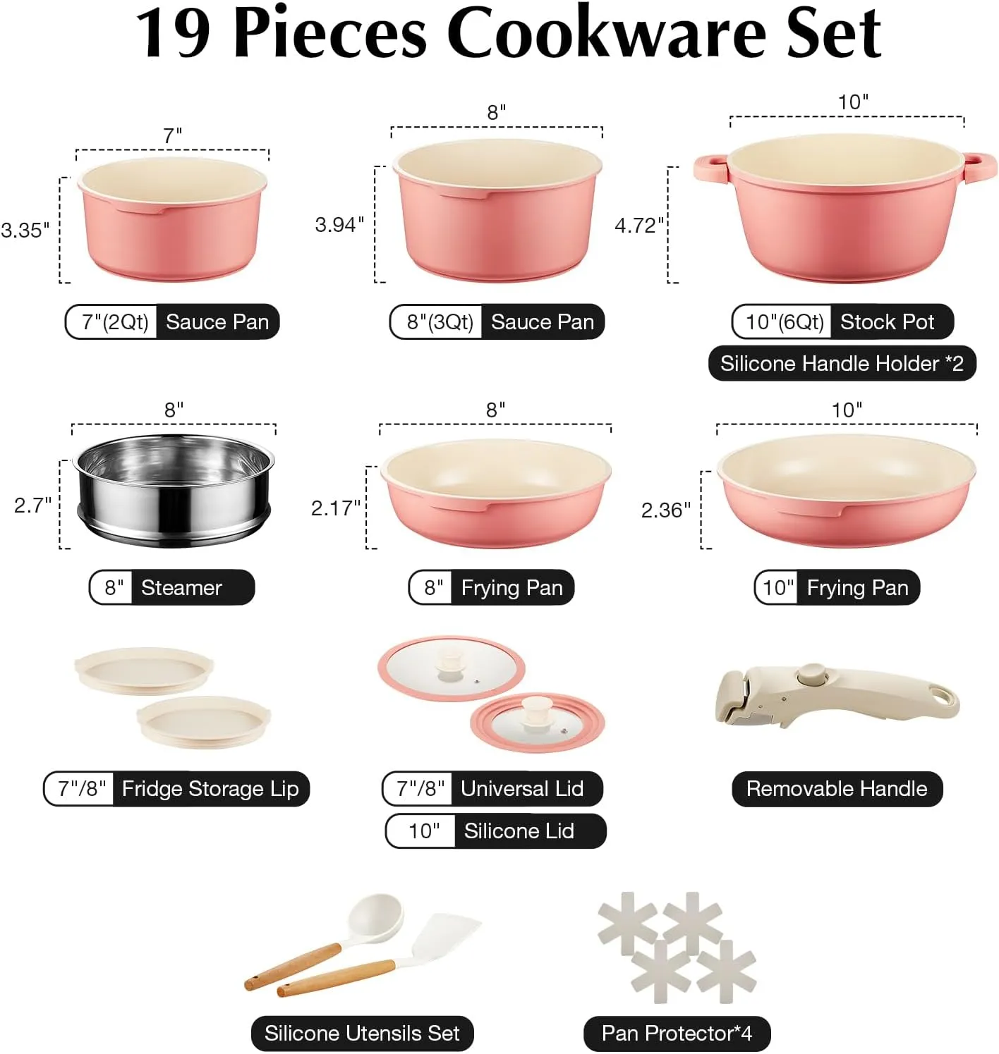 IKTU Ceramic Pots and Pans Set Non Stick Pink, 19 Pcs Nonstick Cookware Set with Detachable Handle RV Camping Induction Kitchen Cookware Set Non Stick, PFAS PFOA & PTFE Free