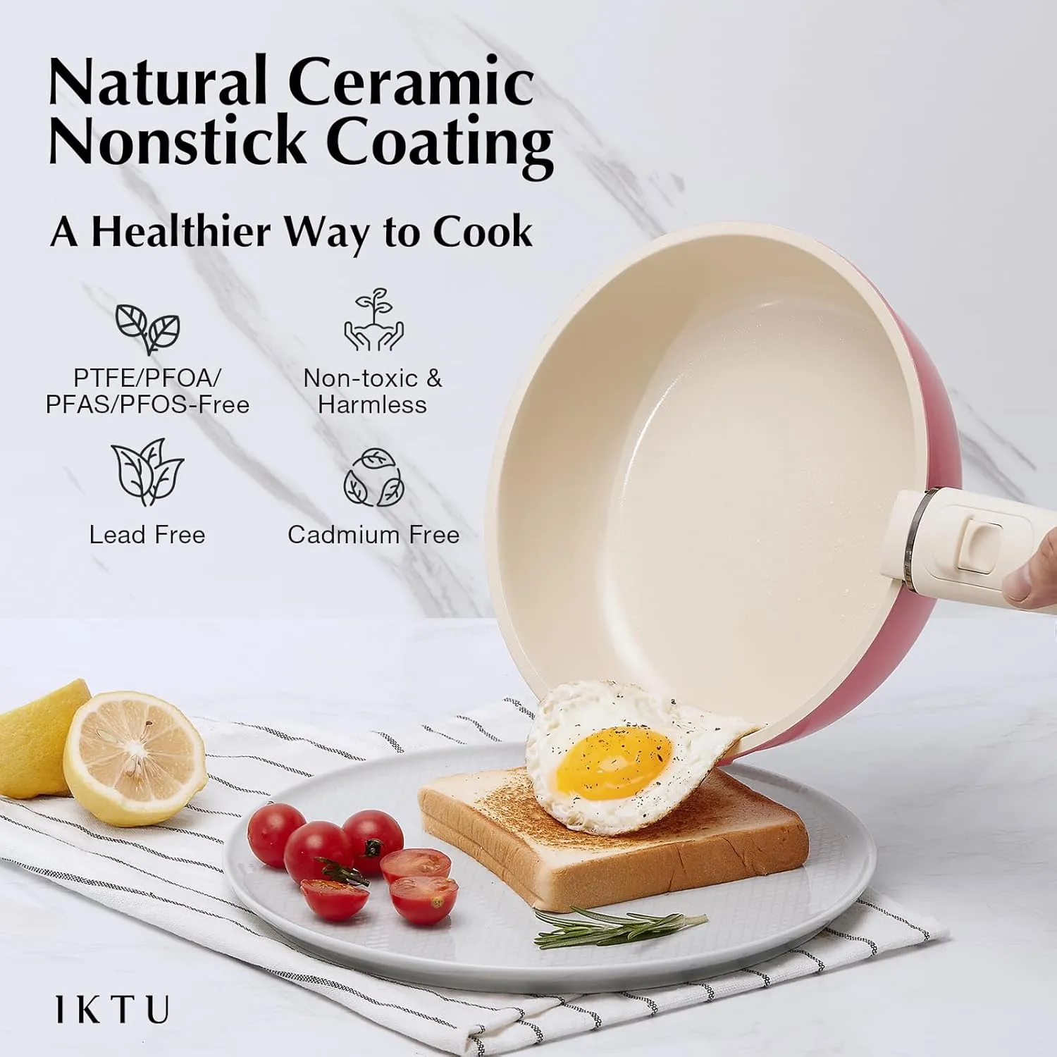 IKTU Ceramic Pots and Pans Set Non Stick Pink, 5Pcs Nonstick Cookware Set with Detachable Handle RV Camping Induction Kitchen Cookware Set Non Stick, PFAS PFOA & PTFE Free