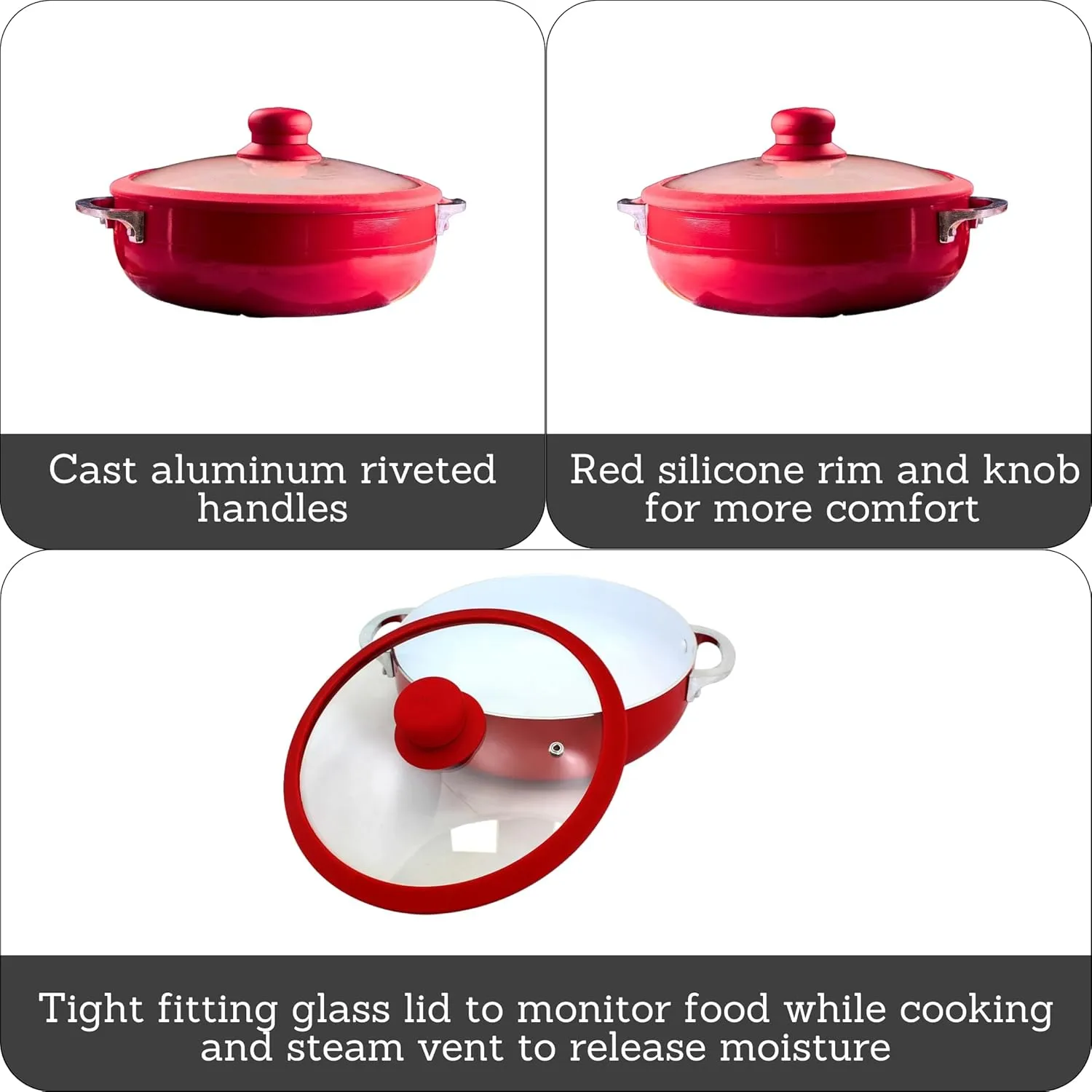 IMUSA 6.9qt Aluminum White Ceramic Caldero with Glass Lid & Silicone Rim, Red